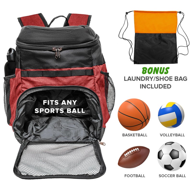 Xelfly Basketball Backpack with Ball Compartment â€“ Sports Equipment Bag for Soccer Ball, Volleyball, Gym, Outdoor, Travel, Team â€“ 2 Bottle Pockets, Includes Laundry or Shoe Bag â€“ 25L (Red) - Image 3